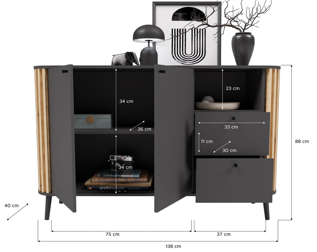 TK63 Sideboard (B/H/T: 138x87,5x40 cm) in grau Nachbildung und Artisan Eiche