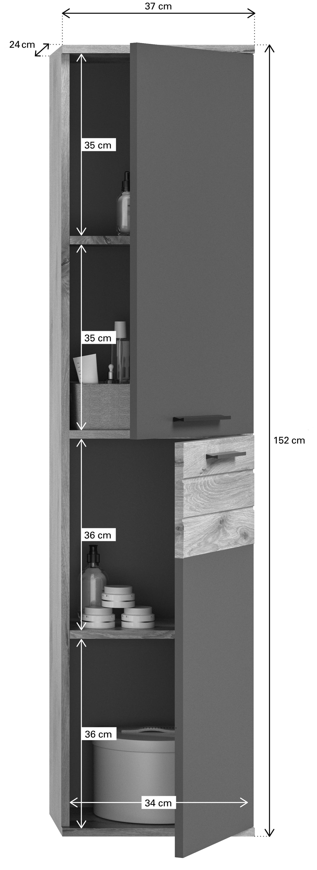 Hochschrank I Modell TK8 I Design: Moderne Farbkombination Korpus Nox Oak / Front Balsat grau mit abgesetzer Rillen Optik in Nox Oak