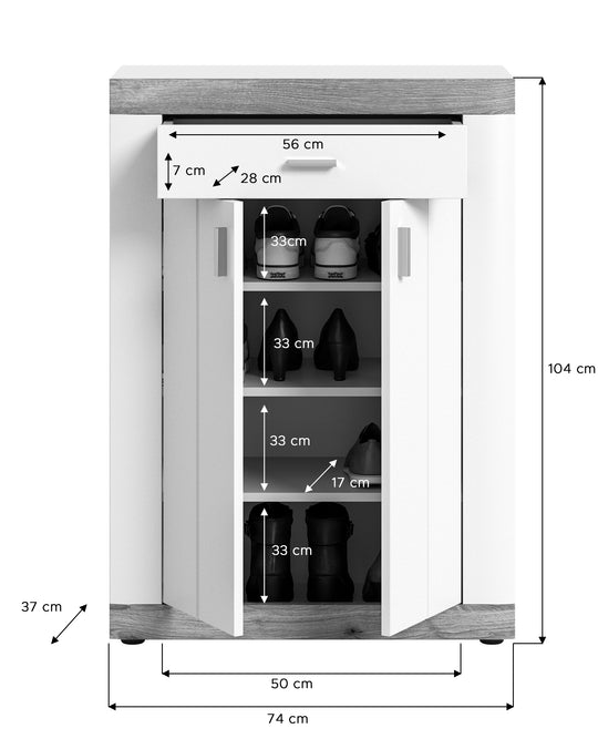 TK49 Schuhkommode (B/H/T: 73x104x37 cm) in weiß Nachbildung und weiß matt tiefzieh