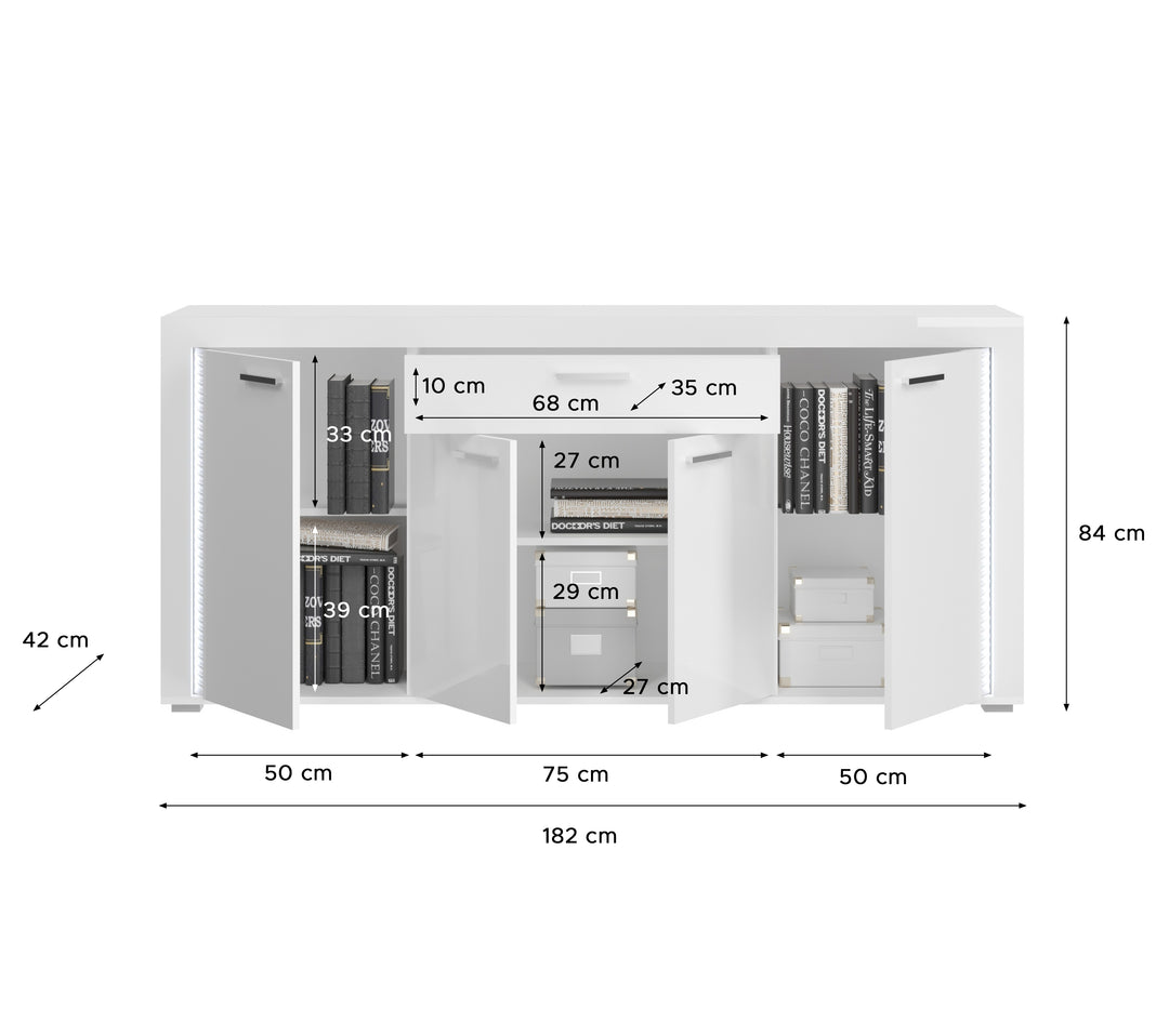 TK73 Sideboard (B/H/T: 182x84x42 cm) in weiß und weißer Hochglanzfront mit vertikaler Frontbeleuchtung