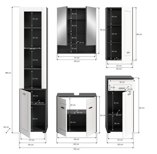 TK46 Badkombination (B/H/T: 170x188x34 cm) in grau Nachbildung und weiß matt tiefzieh