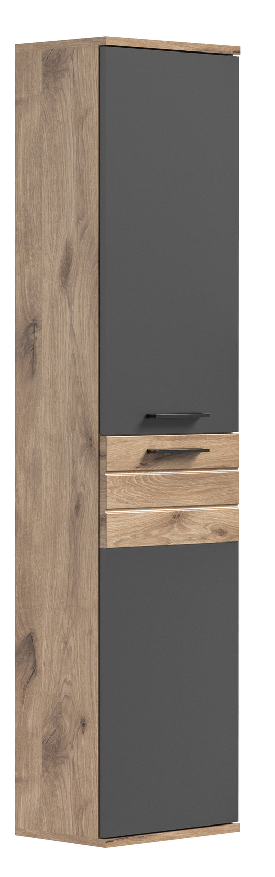 Hochschrank I Modell TK8 I Design: Moderne Farbkombination Korpus Nox Oak / Front Balsat grau mit abgesetzer Rillen Optik in Nox Oak