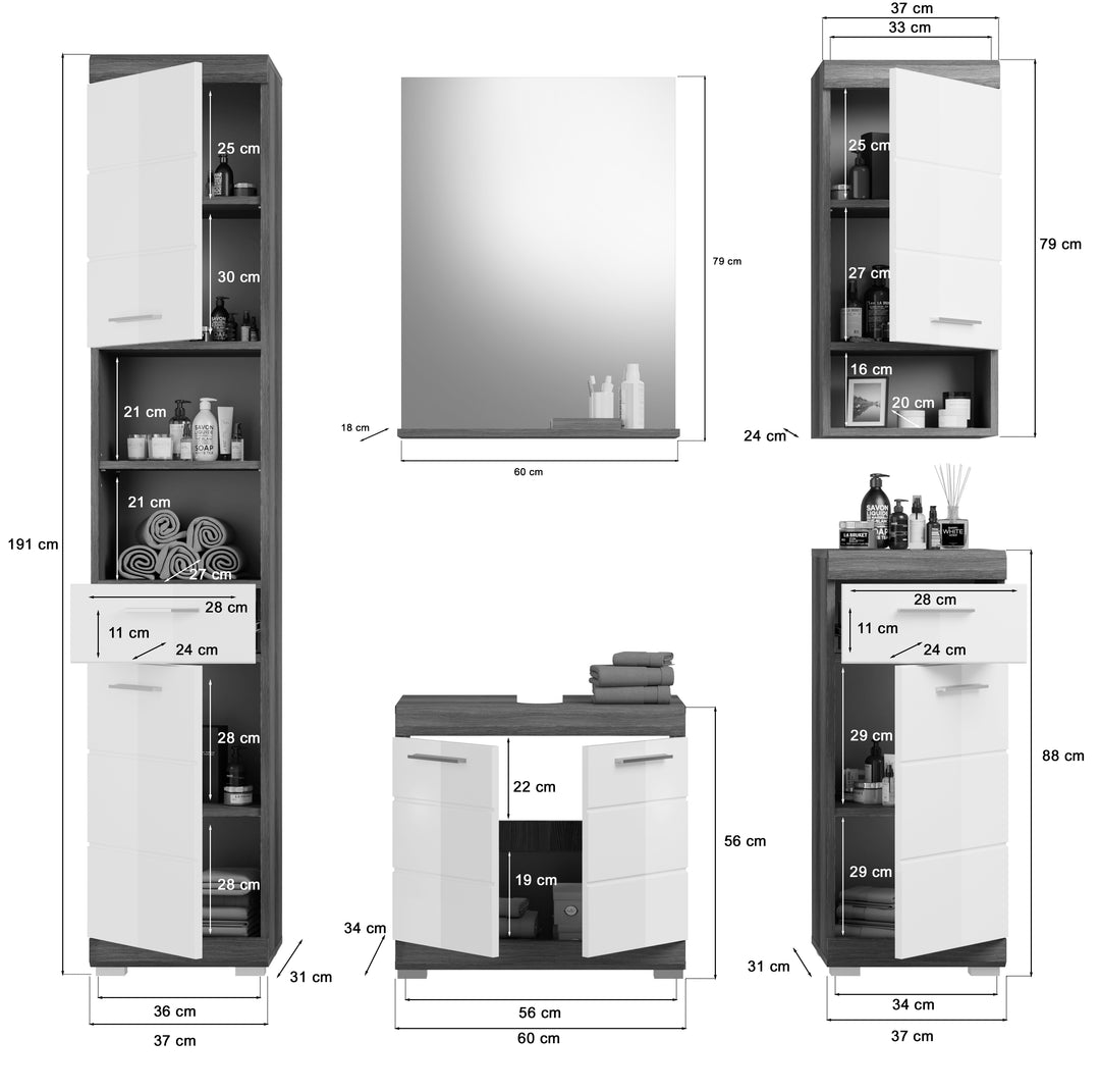 TK15 Badkombination (B/H/T: 164x191x34 cm) in Rauchsilber Nachbildung und weiß Hochglanz tiefzieh