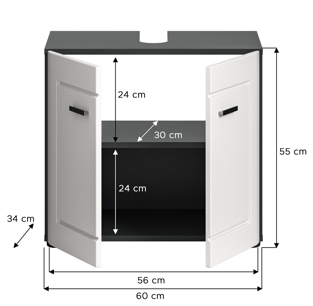 TK46 Waschbeckenunterschrank (B/H/T: 60x55x34 cm) in grau Nachbildung und weiß matt tiefzieh