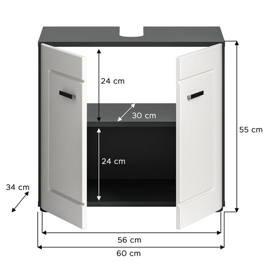 TK46 Waschbeckenunterschrank (B/H/T: 60x55x34 cm) in grau Nachbildung und weiß matt tiefzieh