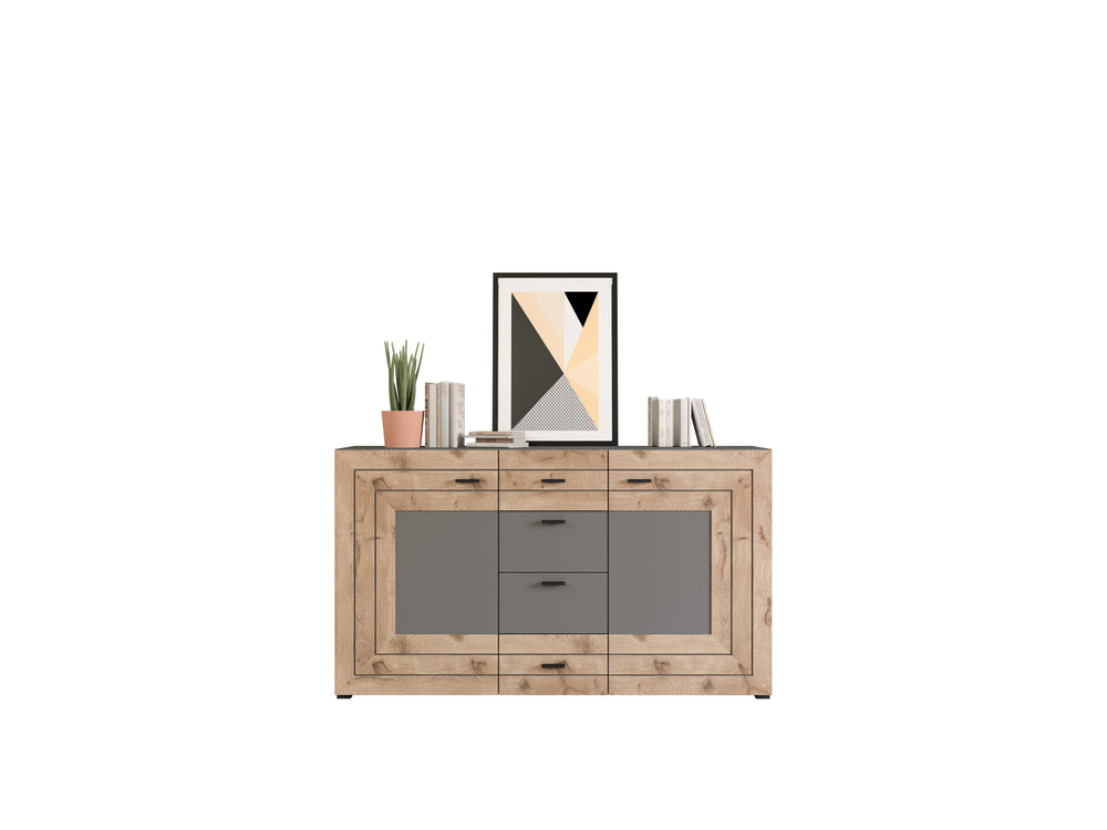 Sideboard I Modell TK4 I Design: Korpus und Fronten in matt grau und hochwertiger Rahmenapplikation in Nox Oak