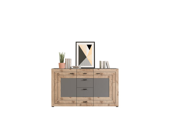 Sideboard I Modell TK4 I Design: Korpus und Fronten in matt grau und hochwertiger Rahmenapplikation in Nox Oak