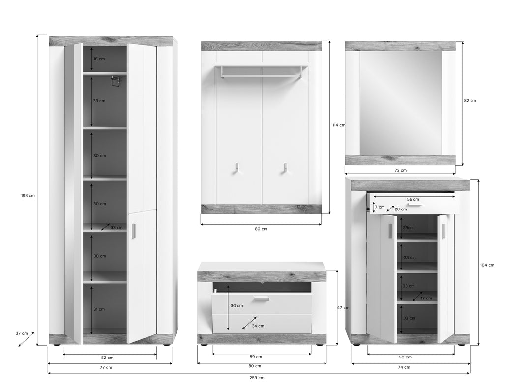 TK49 Garderobenkombination (B/H/T: 259x191x37 cm) in weiß Nachbildung und weiß matt tiefzieh