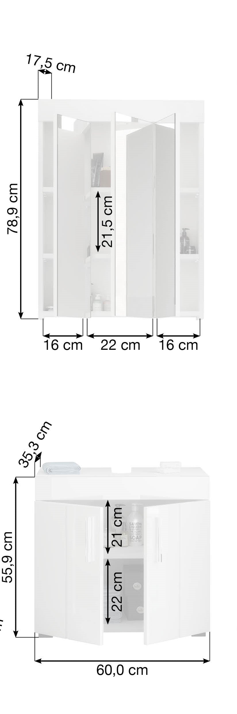 TK74 Badkombination (B/H/T: 60x190x35 cm) in weiß Nachbildung und weiß Hochglanz tiefzieh