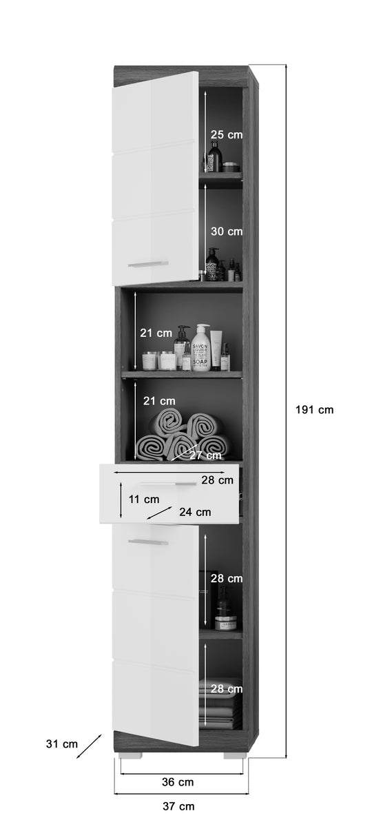 TK15 Badkombination (B/H/T: 112x191x34 cm) in Rauchsilber Nachbildung und weiß Hochglanz tiefzieh