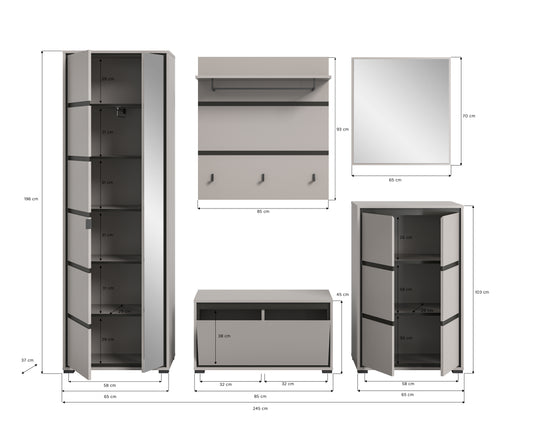 TK44 Garderobenkombination (B/H/T: 245x196x37 cm) in grau Nachbildung