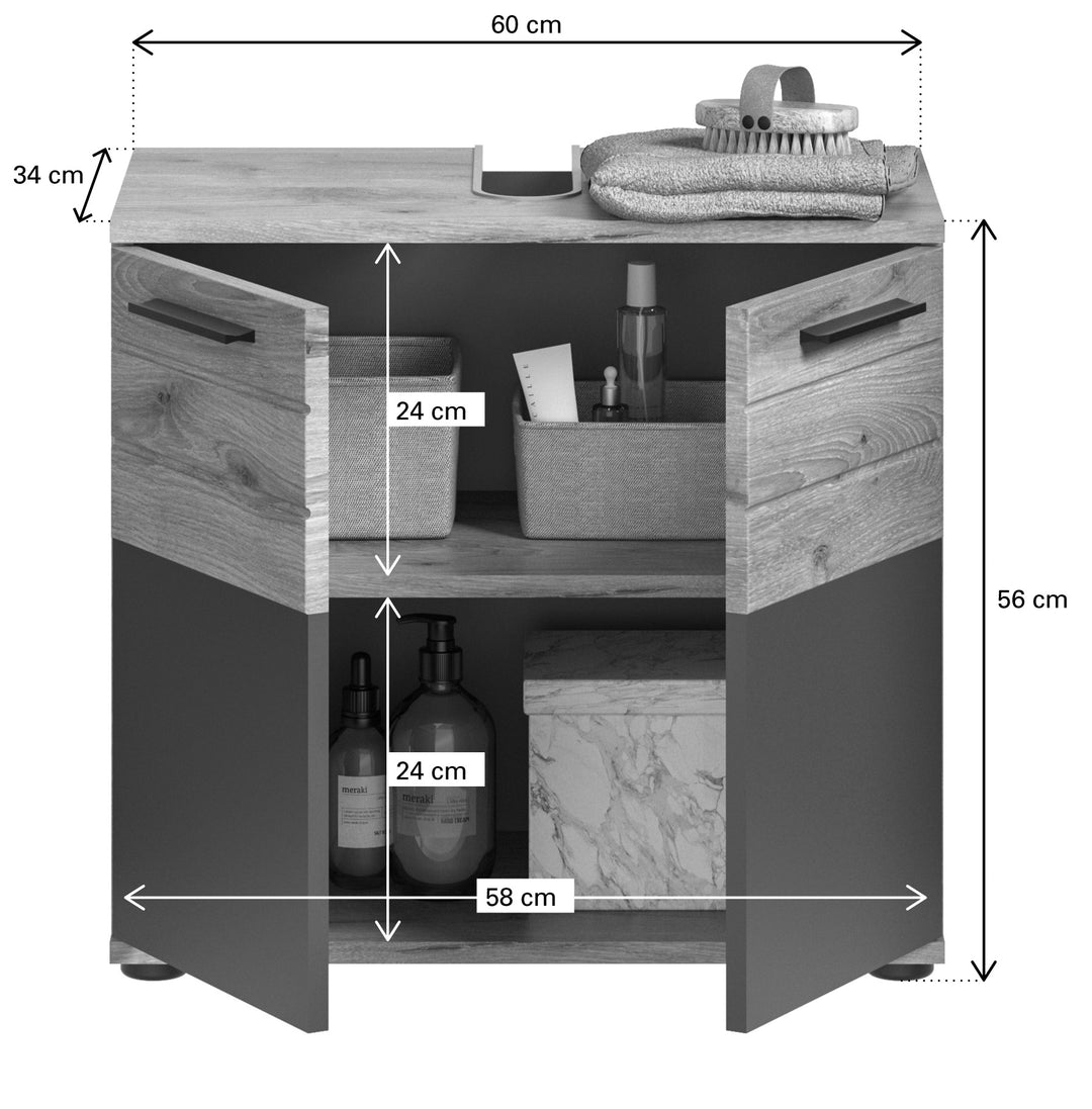 TK8 Badkombination inkl. Beleuchtung (B/H/T: 164x190x34 cm) in Nox Oak Nachbildung und Basalt grau Nachbildung