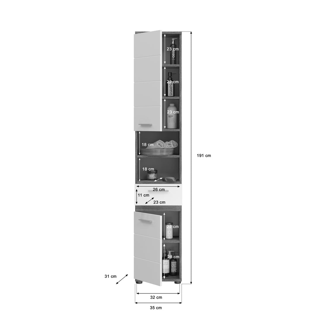 TK2 Hochschrank (B/H/T: 35x191x31 cm) in Rauchsilber Nachbildung und weiß Hochglanz tiefzieh