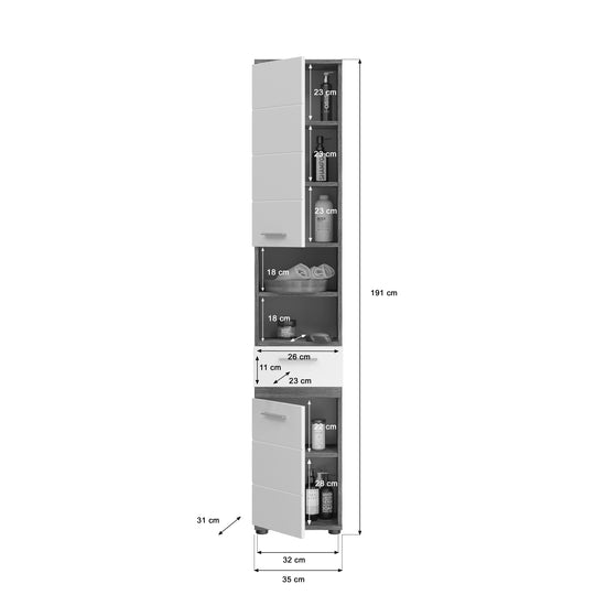 TK2 Hochschrank (B/H/T: 35x191x31 cm) in Rauchsilber Nachbildung und weiß Hochglanz tiefzieh