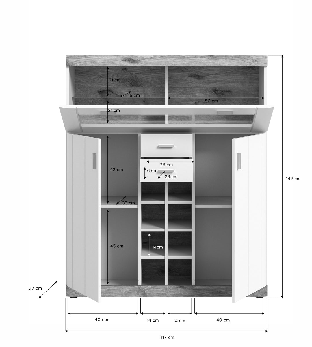 TK49 Barschrank (B/H/T: 117x140x37,5 cm) in weiß Nachbildung und weiß matt tiefzieh