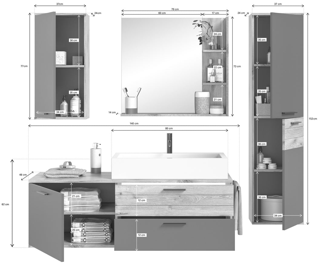 TK8 Badkombination (B/H/T: 192x152x48 cm) in Nox Oak Nachbildung und Basalt grau Nachbildung