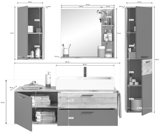 TK8 Badkombination (B/H/T: 192x152x48 cm) in Nox Oak Nachbildung und Basalt grau Nachbildung