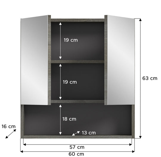 TK72 Spiegelschrank (B/H/T: 60x63x16 cm) in Rauchsilber Nachbildung