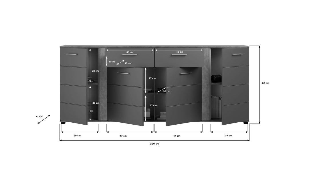 TK2 Kommode (B/H/T: 200x82x41 cm) in Matera Nachbildung und grau matt tiefzieh