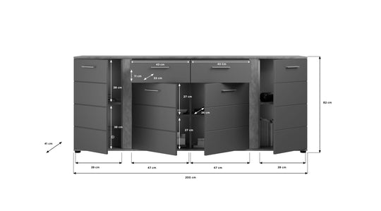 TK2 Kommode (B/H/T: 200x82x41 cm) in Matera Nachbildung und grau matt tiefzieh