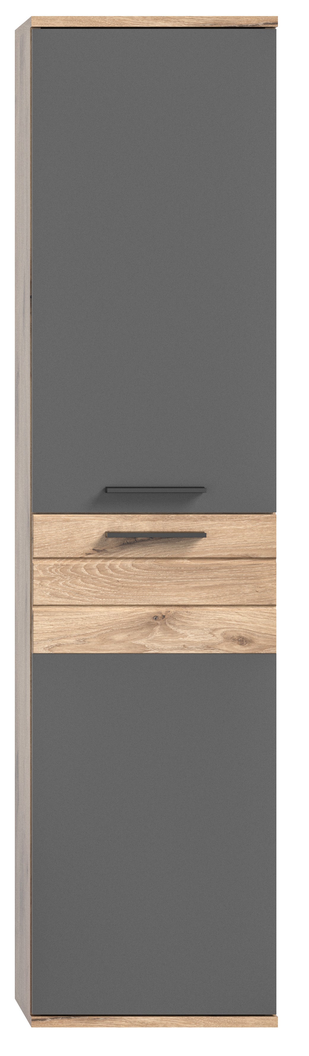 Hochschrank I Modell TK8 I Design: Moderne Farbkombination Korpus Nox Oak / Front Balsat grau mit abgesetzer Rillen Optik in Nox Oak