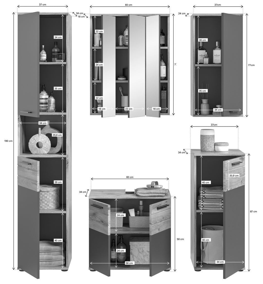 TK8 Badkombination (B/H/T: 164x190x34 cm) in Nox Oak Nachbildung und Basalt grau Nachbildung