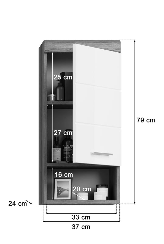 TK15 Hängeschrank (B/H/T: 37x79x24 cm) in Rauchsilber Nachbildung und weiß Hochglanz tiefzieh