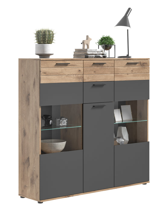 Highboard I Modell TK8 I Design: Moderne Farbkombination Korpus Nox Oak / Front Balsat grau mit abgesetzer Rillen Optik in Nox Oak