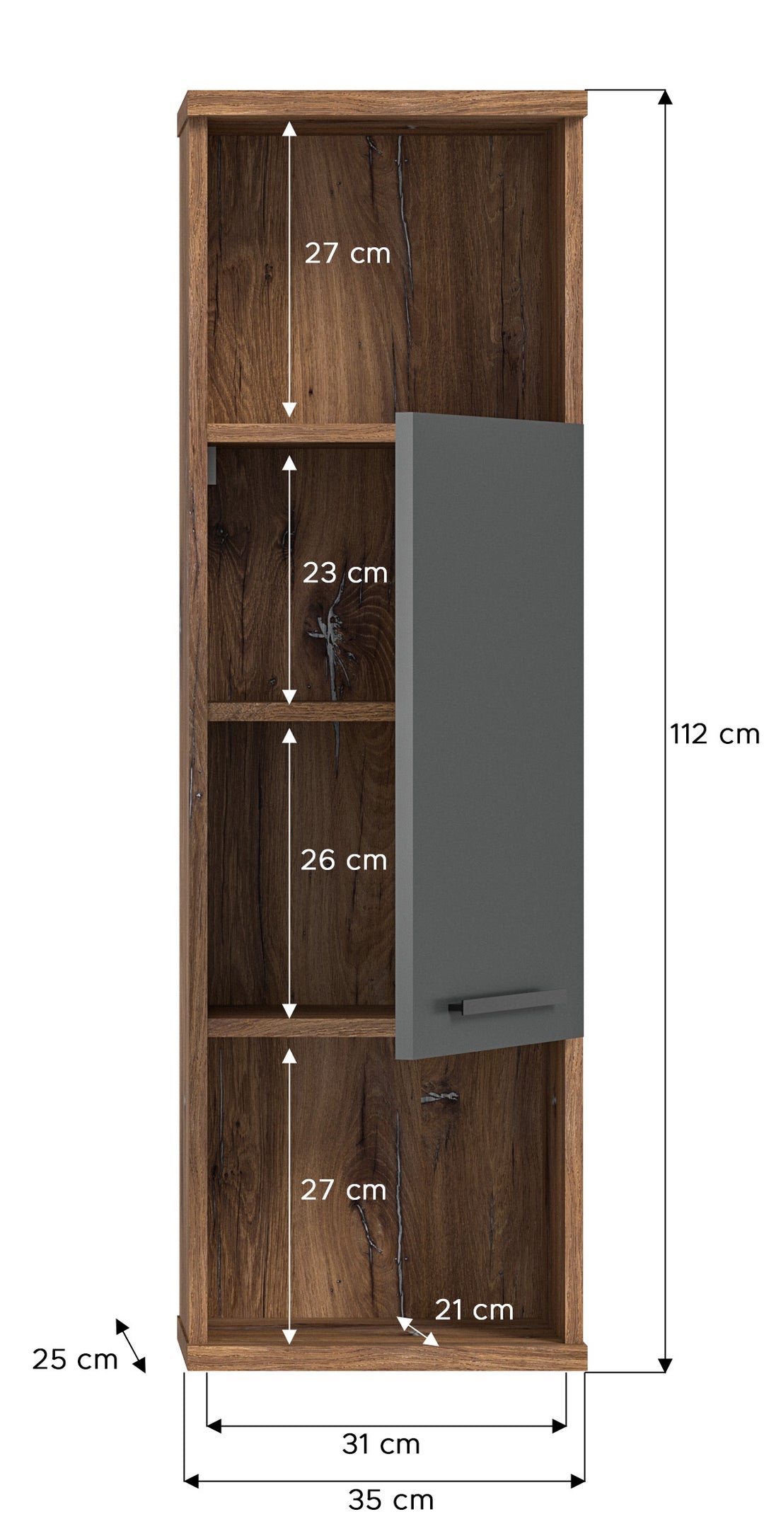 TK65 Hochschrank (B/H/T: 35x112x25 cm) in grau Nachbildung und Flagstaff Oak Nachbildung