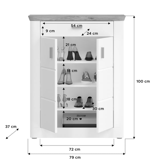 TK54 Schuhschrank (B/H/T: 79x101x37 cm) in weiß Nachbildung und weiß matt tiefzieh