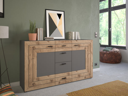 Sideboard I Modell TK4 I Design: Korpus und Fronten in matt grau und hochwertiger Rahmenapplikation in Nox Oak