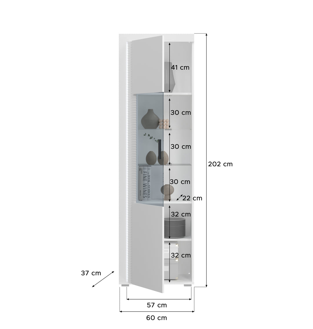 TK73 Vitrine (B/H/T: 60x202x37 cm) in weiß und weißer Hochglanzfront mit vertikaler Frontbeleuchtung