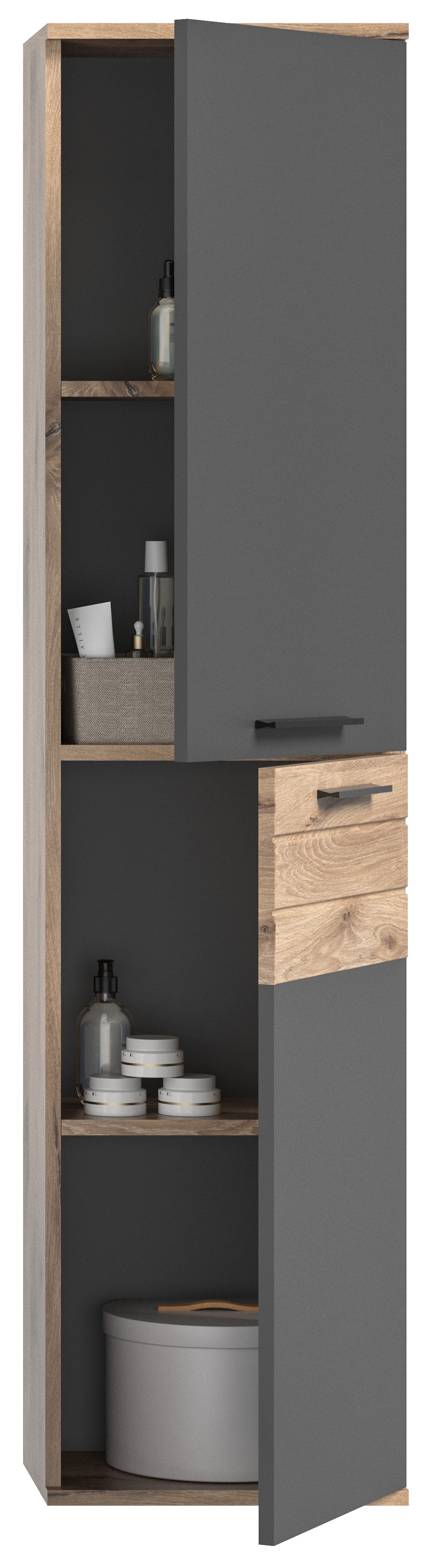 Hochschrank I Modell TK8 I Design: Moderne Farbkombination Korpus Nox Oak / Front Balsat grau mit abgesetzer Rillen Optik in Nox Oak