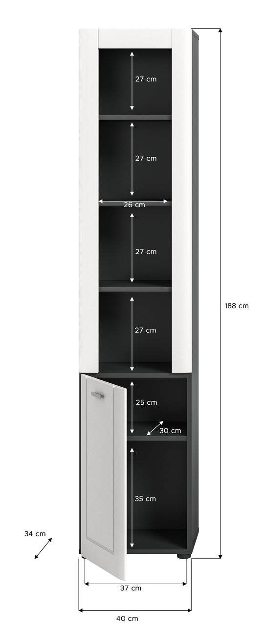 TK46 Hochschrank (B/H/T: 40x188x34 cm) in grau Nachbildung und weiß matt tiefzieh