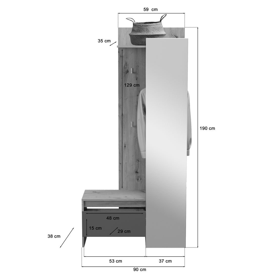 Kompaktgarderobe I Modell TK18 I Design: Moderne Farbkombination Korpus Eiche / Front Grau mit Absetzung der Front in Eiche