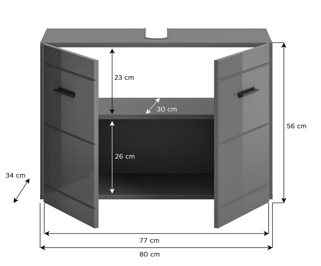 TK75 Waschbeckenunterschrank (B/H/T: 80x56x34 cm) in grau Nachbildung und grau Hochglanz tiefzieh