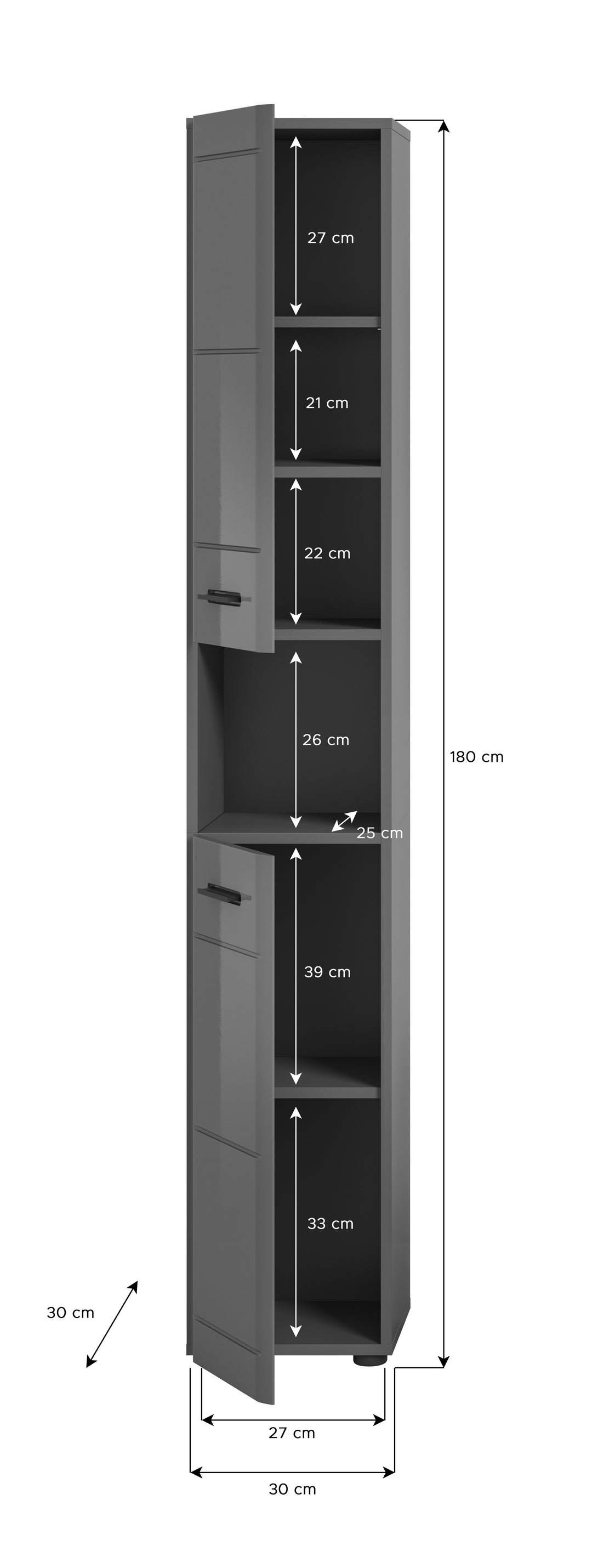 TK75 Hochschrank (B/H/T: 30x180x30 cm) in grau Nachbildung und grau Hochglanz tiefzieh