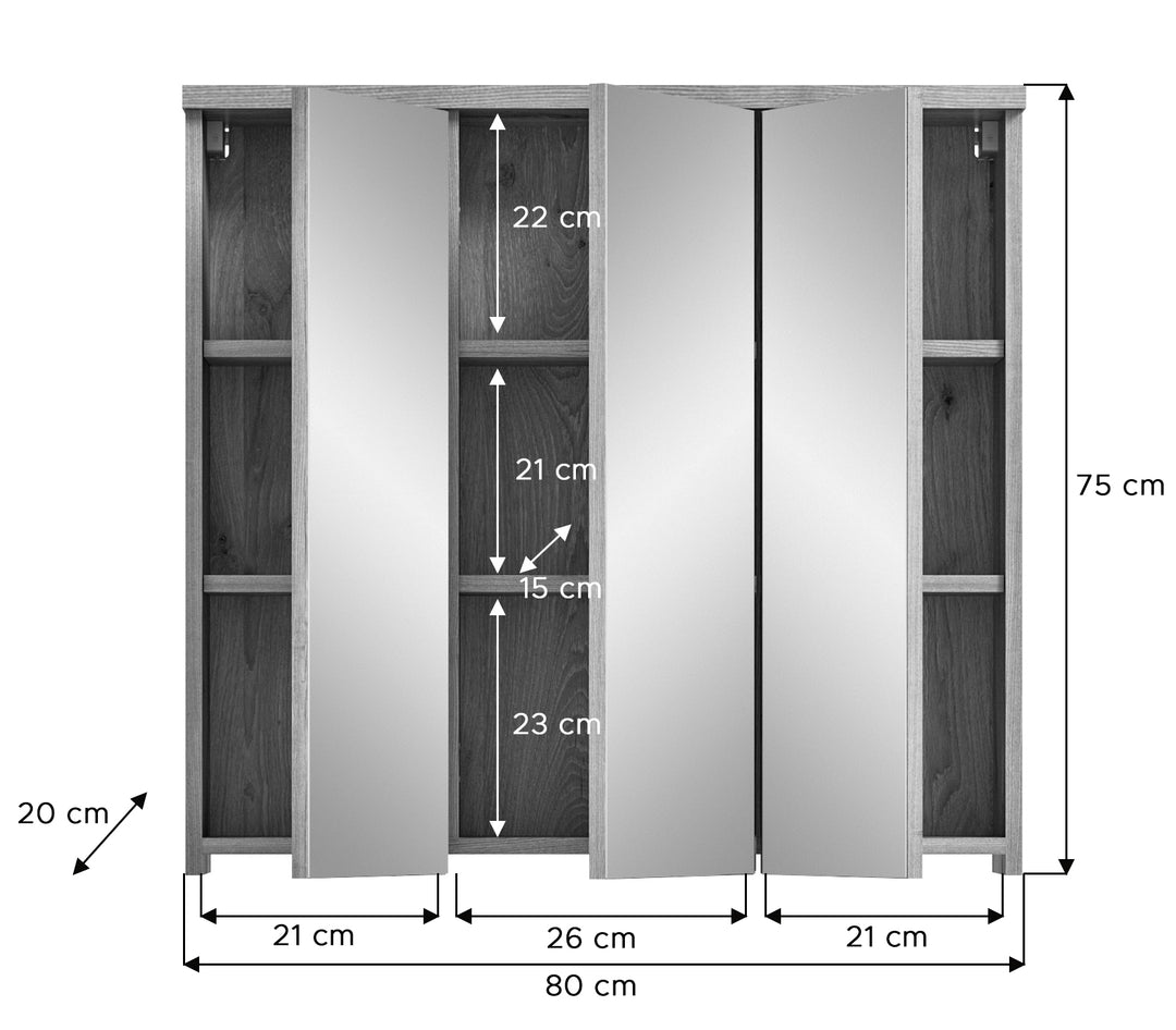 TK42 Spiegelschrank (B/H/T: 80x75x20 cm) in Nox Oak Nachbildung und Spiegelfront