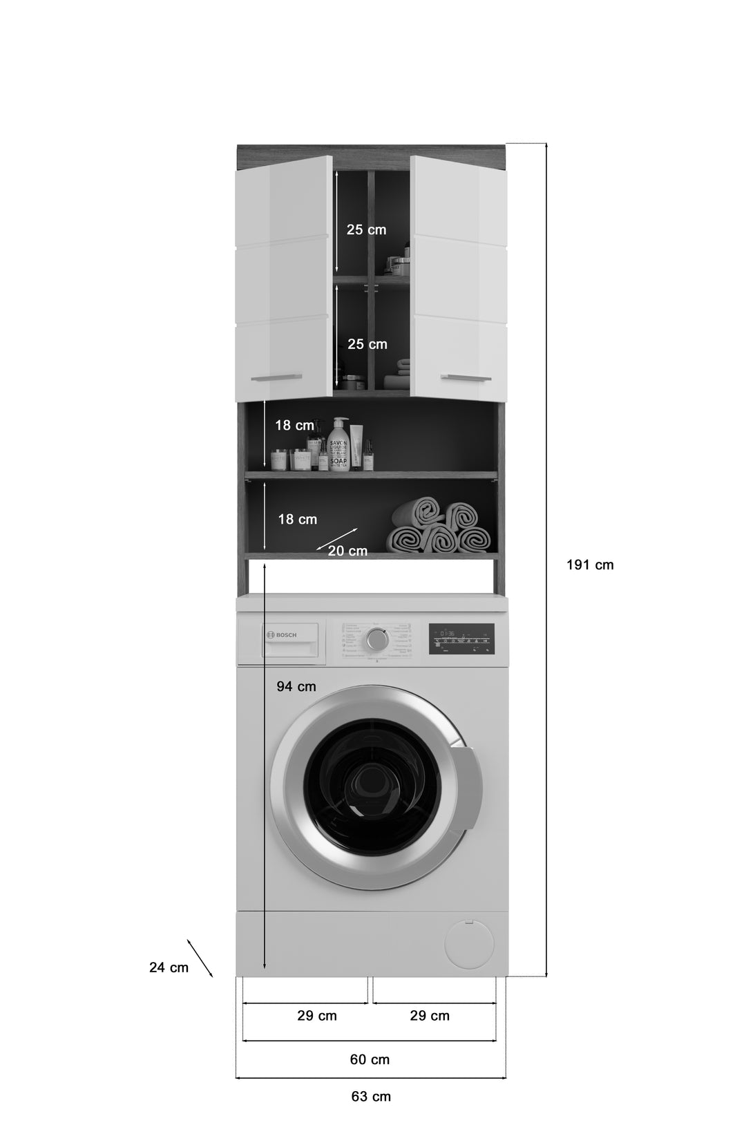 Waschmaschienenüberbau I Modell TK15 I Design: Hochglanzfronten mit Absetzung in Rauchsilber