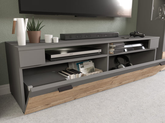 TV Element I Modell TK4 I Design: Korpus und Fronten in matt grau und hochwertiger Rahmenapplikation in Nox Oak