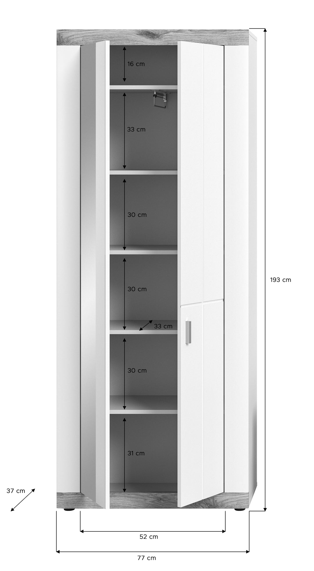 TK49 Garderobenschrank (B/H/T: 77x193x37 cm) in weiß Nachbildung und weiß matt tiefzieh