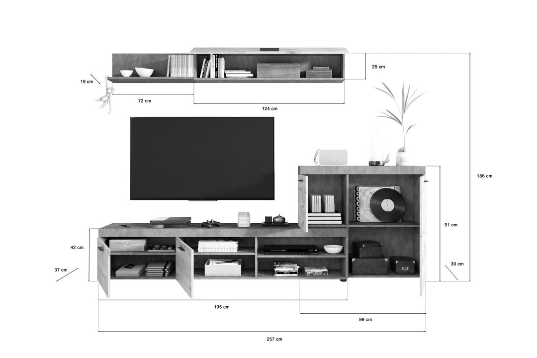 TK77 Wohnkombination (B/H/T: 257x186x37 cm) in Matera Nachbildung und Nox Oak Nachbildung