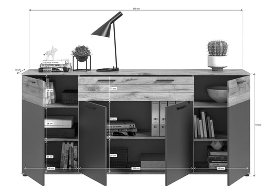 TK8 Sideboard (B/H/T: 200x91x40 cm) in Nox Oak Nachbildung und Basalt grau Nachbildung