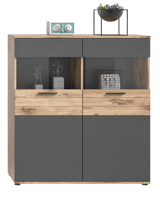 Vitrine I Modell TK8 I Design: Moderne Farbkombination Korpus Nox Oak / Front Balsat grau mit abgesetzer Rillen Optik in Nox Oak