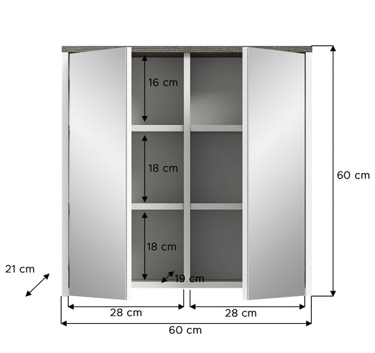 TK52 Spiegelschrank (B/H/T: 60x60x21 cm) in weiß Nachbildung und Spiegelfront