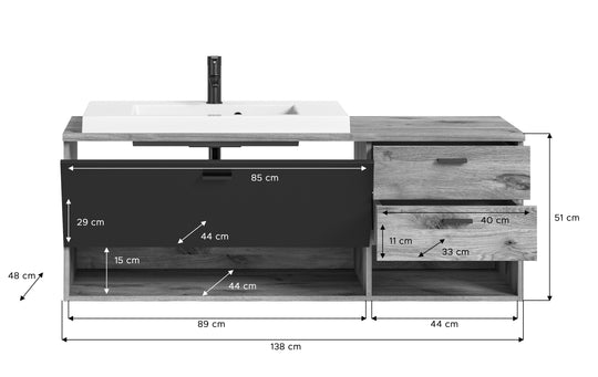 TK42 Waschtisch inkl. Waschbecken (B/H/T: 140x50x48 cm) in Nox Oak Nachbildung und Nox Oak tiefzieh