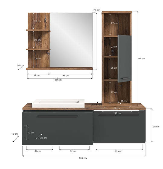 TK65 Badkombination (B/H/T: 140x193x48 cm) in grau Nachbildung und Flagstaff Oak Nachbildung