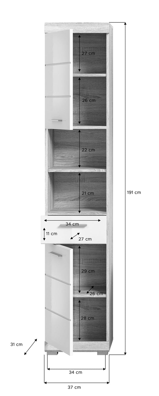 TK47 Hochschrank (B/H/T: 37x191x31 cm) in Sonoma Eiche hell und weiß Hochglanz tiefzieh