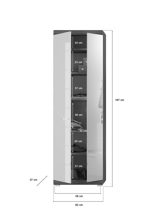 TK15 Garderobenschrank (B/H/T: 62x197x37 cm) in Rauchsilber Nachbildung und weiß Hochglanz tiefzieh