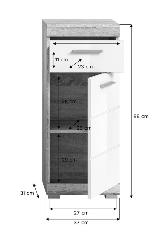 TK47 Standschrank (B/H/T: 37x88x31 cm) in Sonoma Eiche hell und weiß Hochglanz tiefzieh